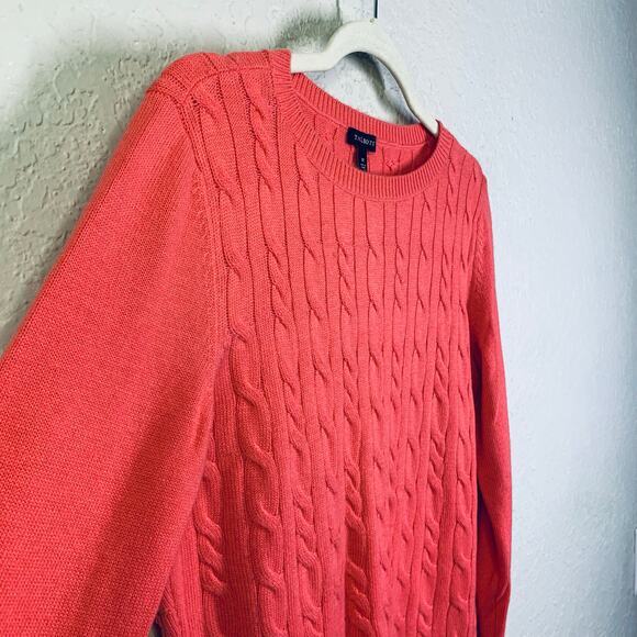 TALBOTS Sweater M Cable Knit Lambswool Blend Coral Crew Neck Classic Timeless - Picture 6 of 11